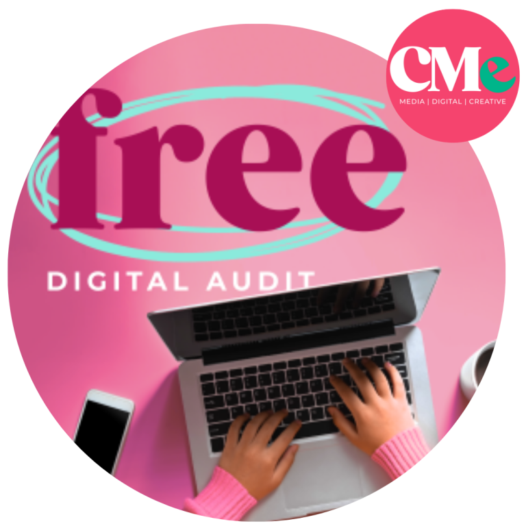 Circle artwork with Free Website Audit text and openlaptop