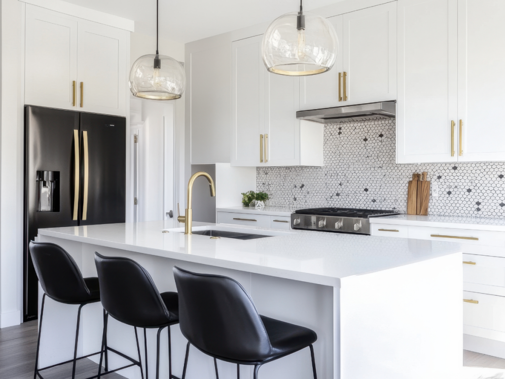 White kitchen with black fridge and black chairs