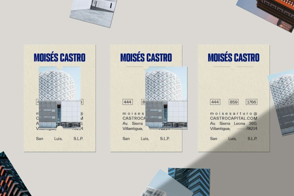 Brand identity mockup shown across a series of printed brochures