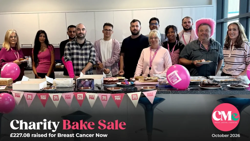 The CMe Media and CMe Automotive team at their Wear It Pink charity bake sale, which raised £227.08 for Breast Cancer Now