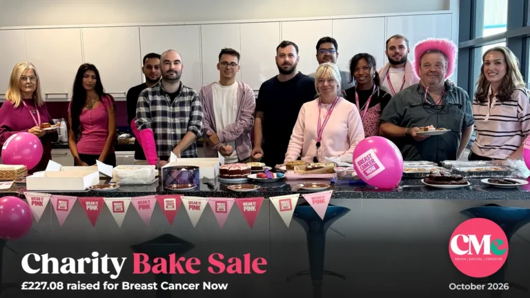 The CMe Media and CMe Automotive team at their Wear It Pink charity bake sale, which raised £227.08 for Breast Cancer Now