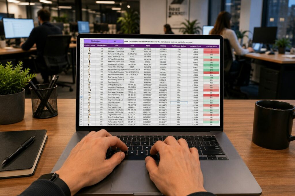 Hands typing on a laptop showing a keyword research spreadsheet