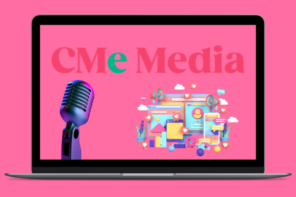 A laptop with the words CMe Media, a microphone and some social media logos on the screen