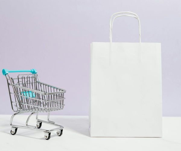 on the right is a a small, empty shopping trolley and on the left is a white paper bag.